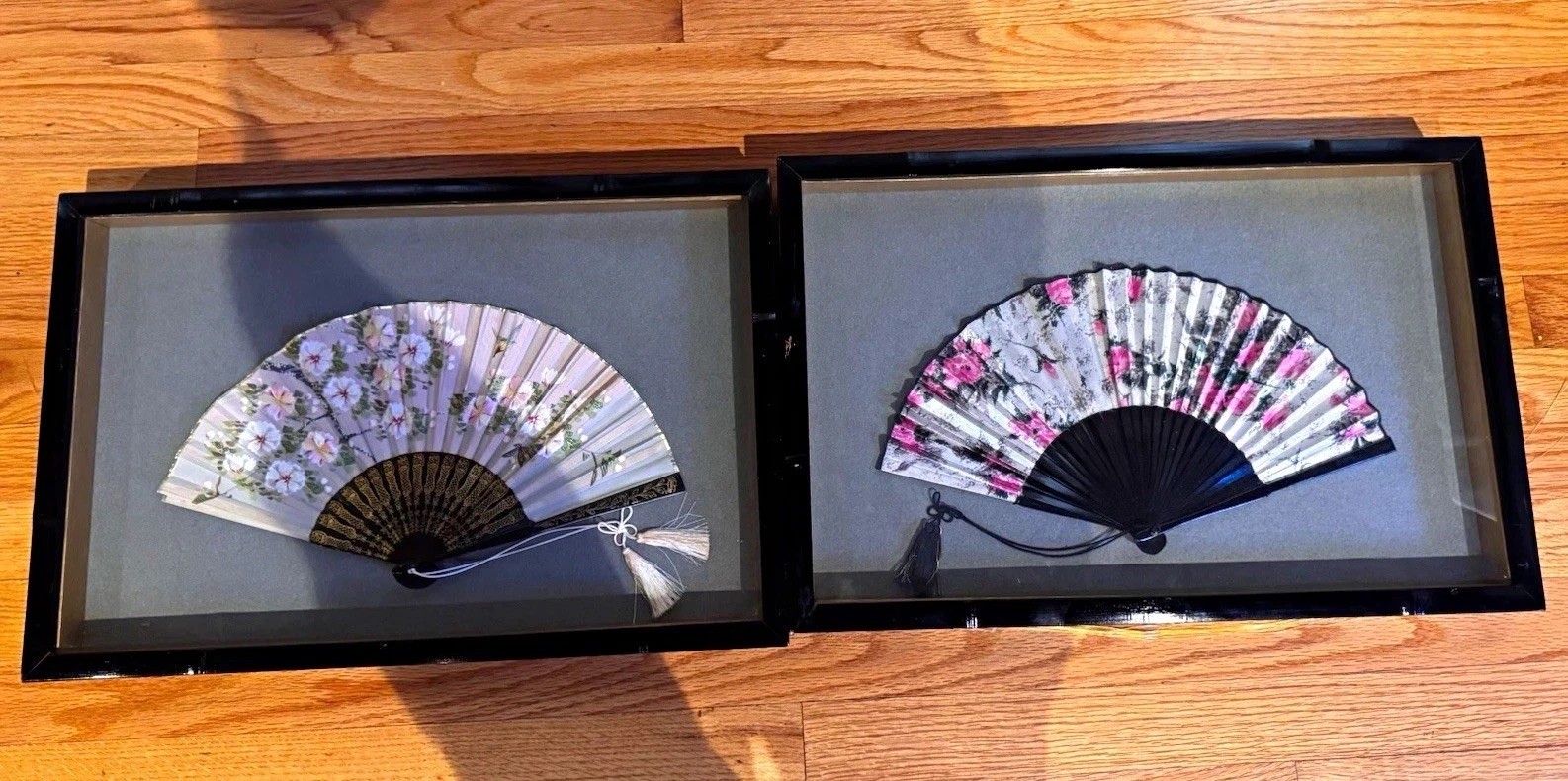 Pair of Vintage Mid-Century Asian Folding Fan Shadow Box Wall Displays 