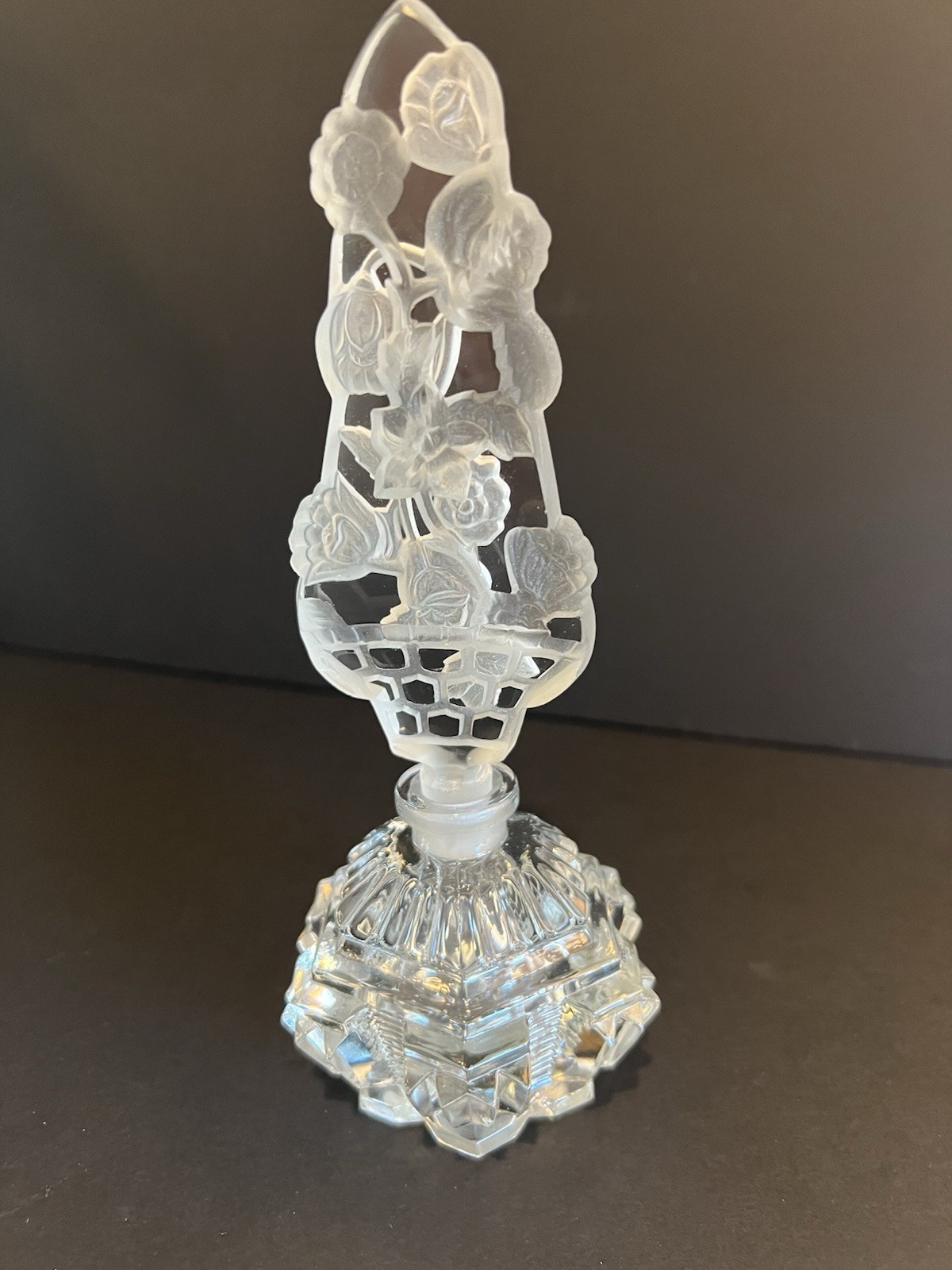 1920s-1930s  Art Glass Art Deco Perfume Bottle Frosted Floral Stopper Cut Glass