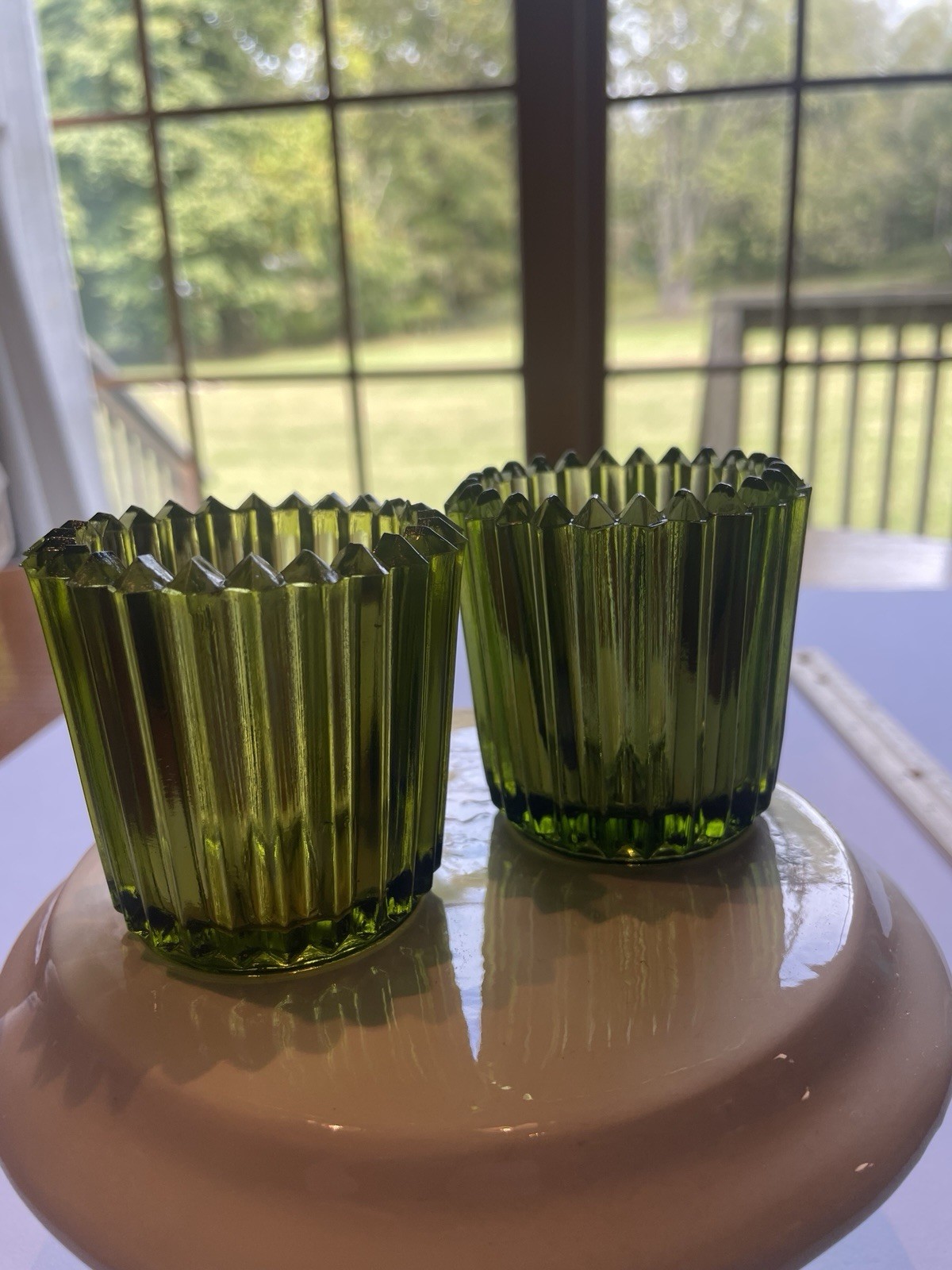 Pair Indiana Glass Vintage Green  Ribbed Votive Candleholder NOS MCM 50s 60s 70s