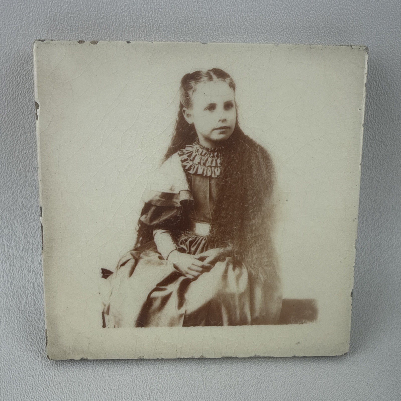Antique Victorian Photo Ceramic Tile Young Girl Sepia Portrait 1870s-1880s 6x6
