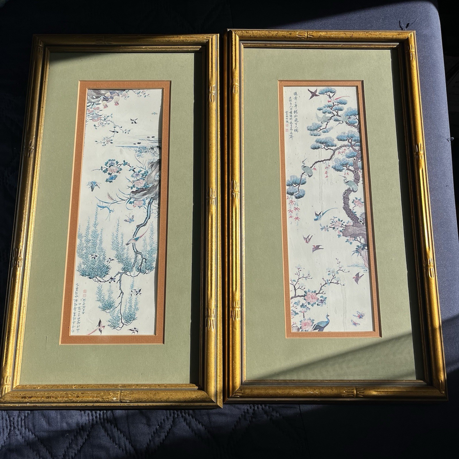 Vtg Pair Chinese Framed Is Wall Art Work Prints Floral & Fauna
