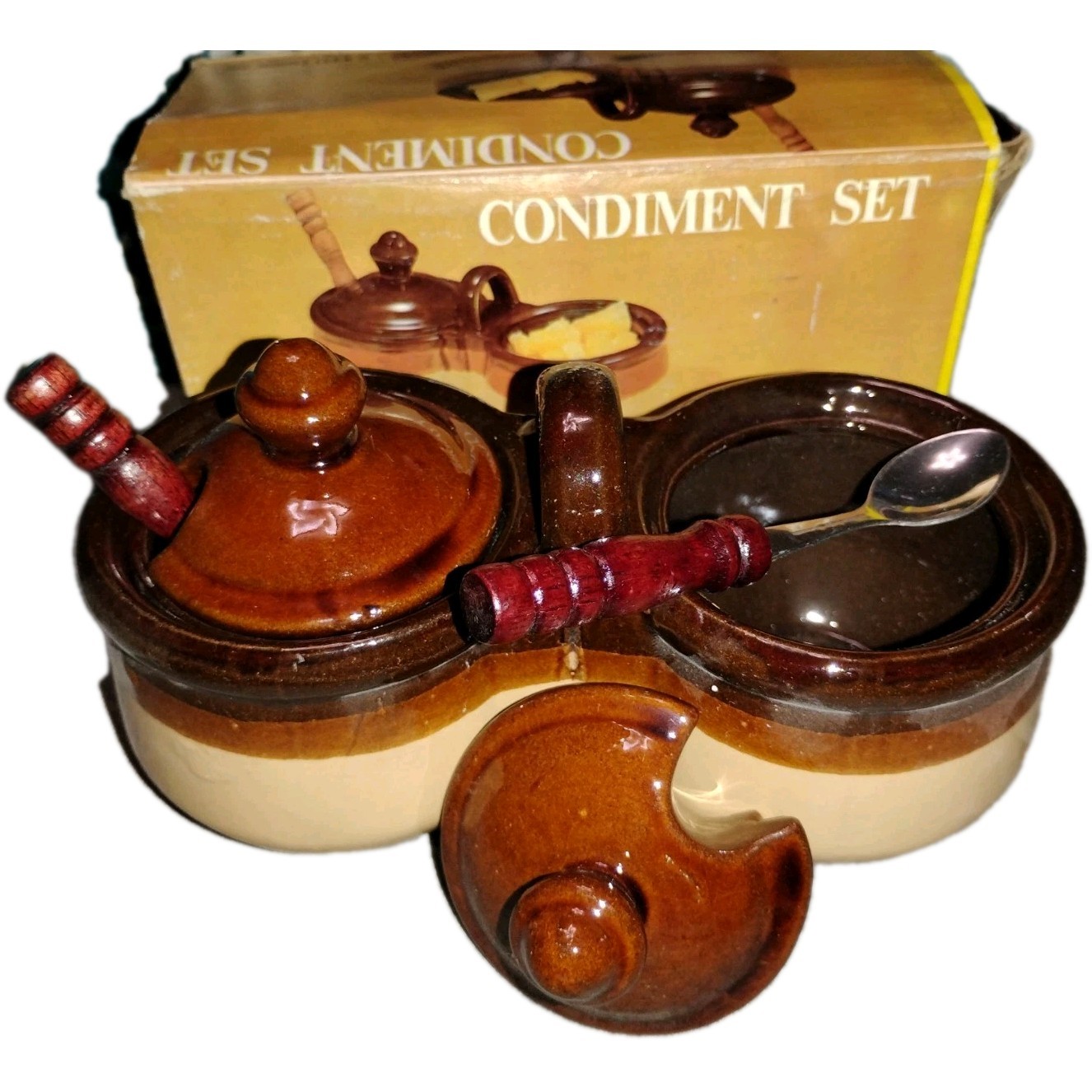 Vintage Brown Stoneware Double Condiment Server Dish w/ Wooden Spoons Taiwan Vintage Brown Stoneware Double Condiment Server Dish w/ Wooden Spoons Taiwan