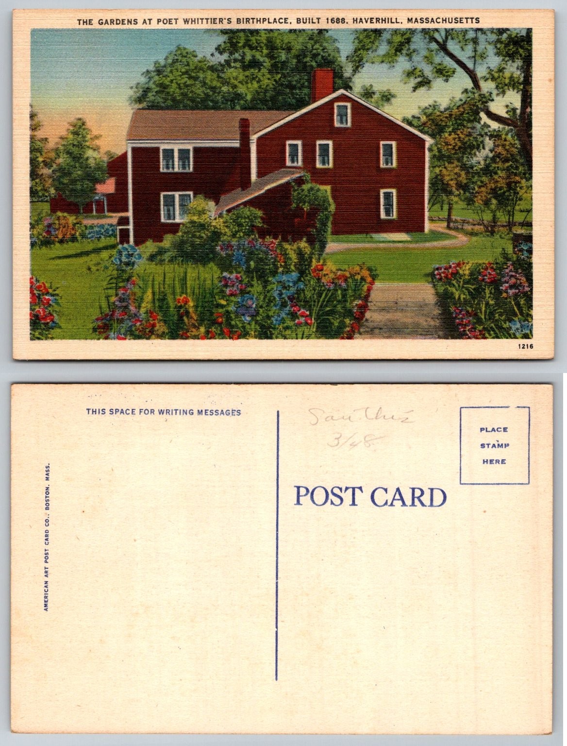 Poet Whittier Birthplace Haverhill MA Gardens Linen Postcard 1948 Poet Whittier Birthplace Haverhill MA Gardens Linen Postcard 1948