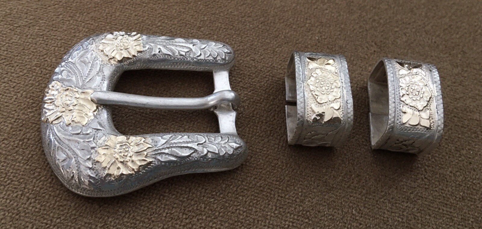 Vintage Sterling Silver & 10 Karat Gold Ranger Belt Buckle & Matching 2 Keepers