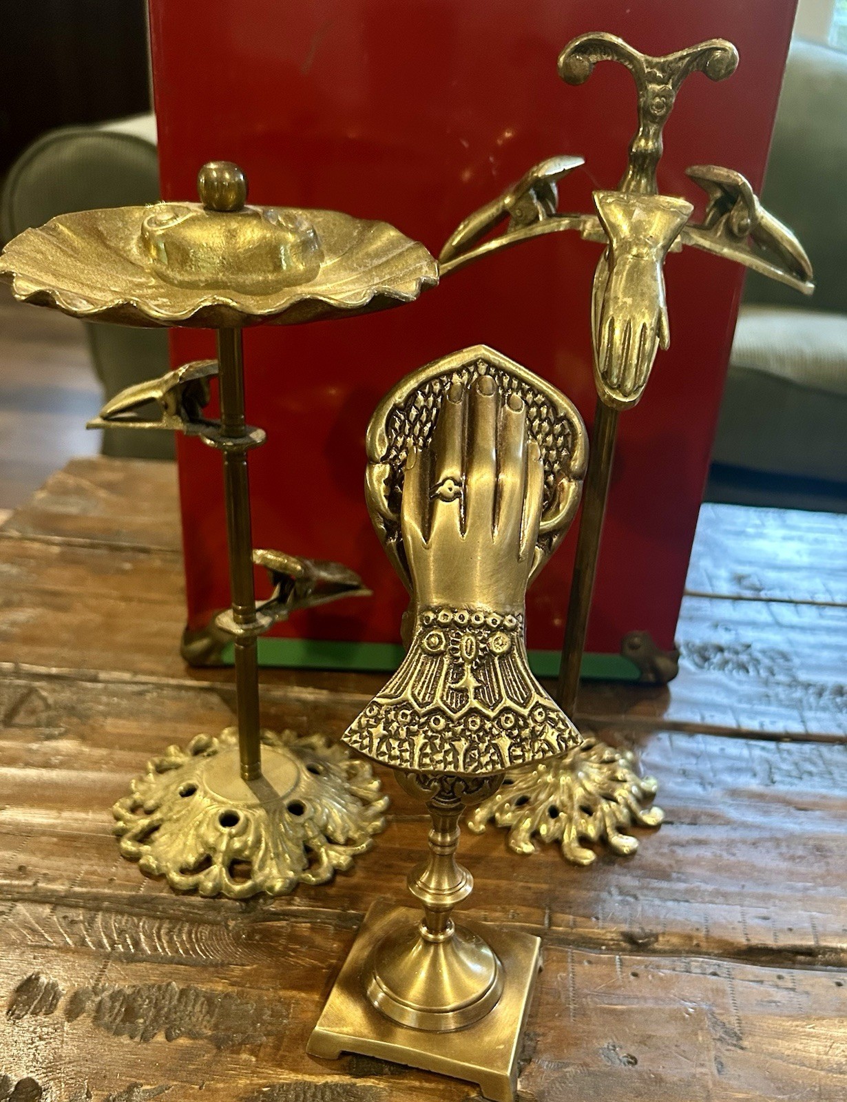 THREE VTG Brass Hand Clip Stand…Glove, Letter, Picture Holder 8”, 9”, 11” THREE VTG Brass Hand Clip Stand…Glove, Letter, Picture Holder 8”, 9”, 11”