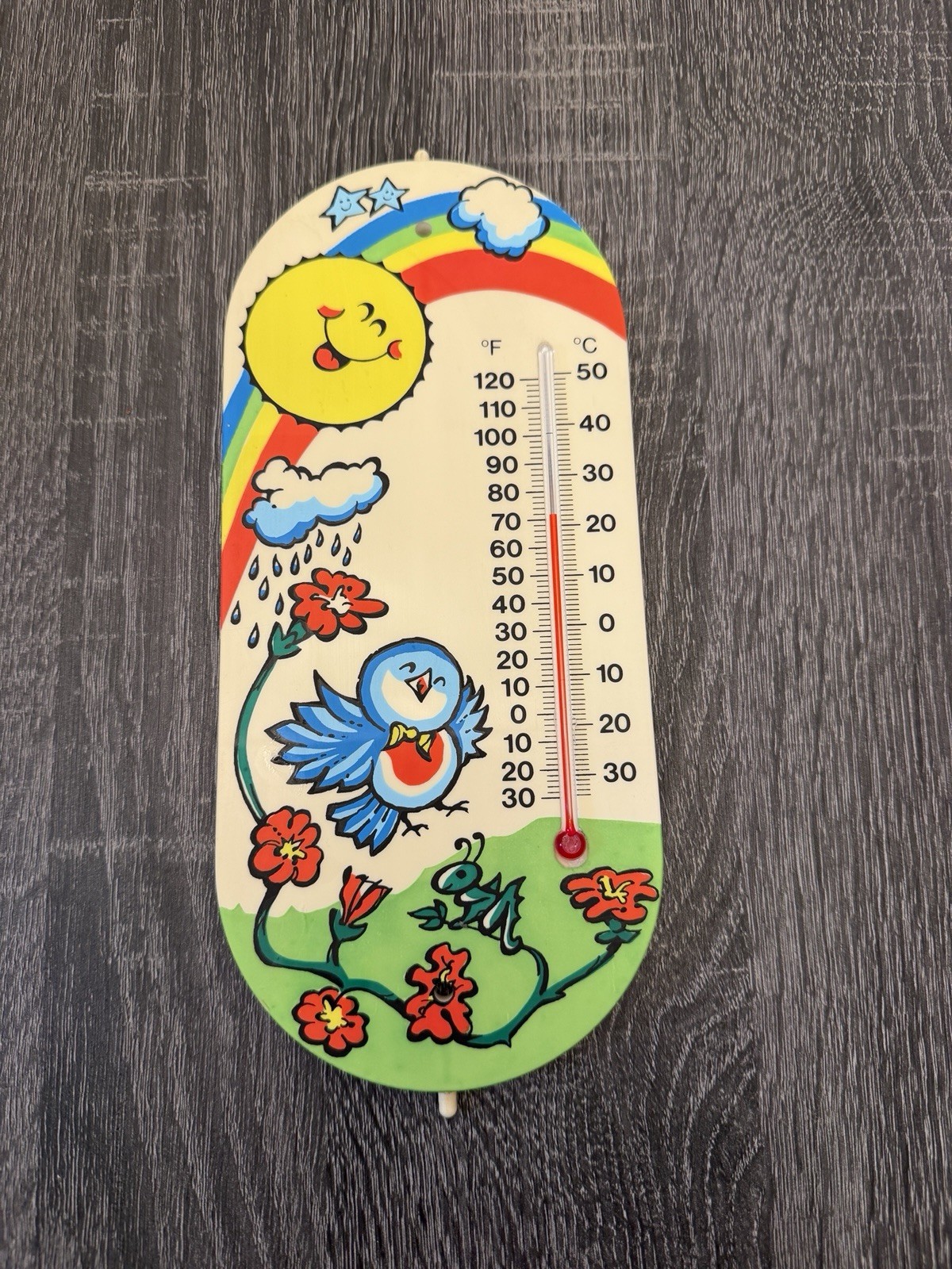 Vintage Wall Thermometer 1982 Artline Sun Rainbow Bird Garden Plastic Hong Kong