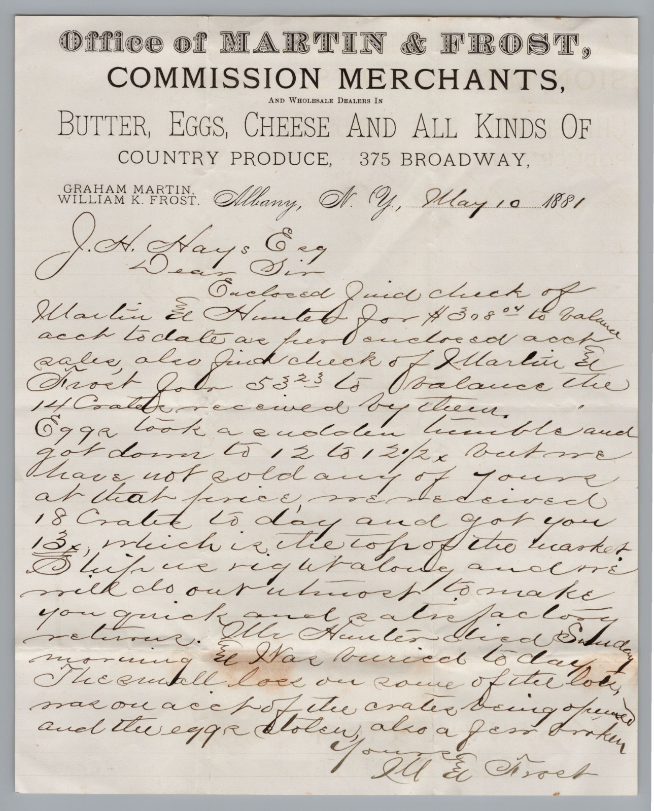 1881 Albany NY Merchant Letter Martin Frost Egg Market Crash, Death, Cargo Theft