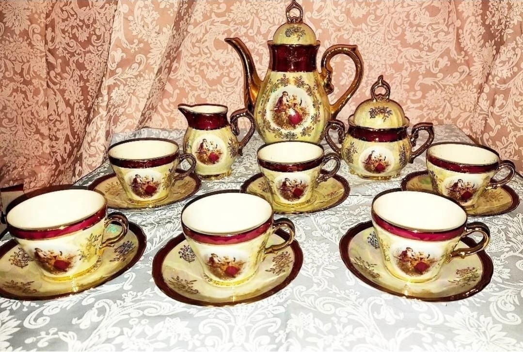 17 pc Vintage French Victorian Cosmos Tea Set cup saucer iridescent Musical 17 pc Vintage French Victorian Cosmos Tea Set cup saucer iridescent Musical