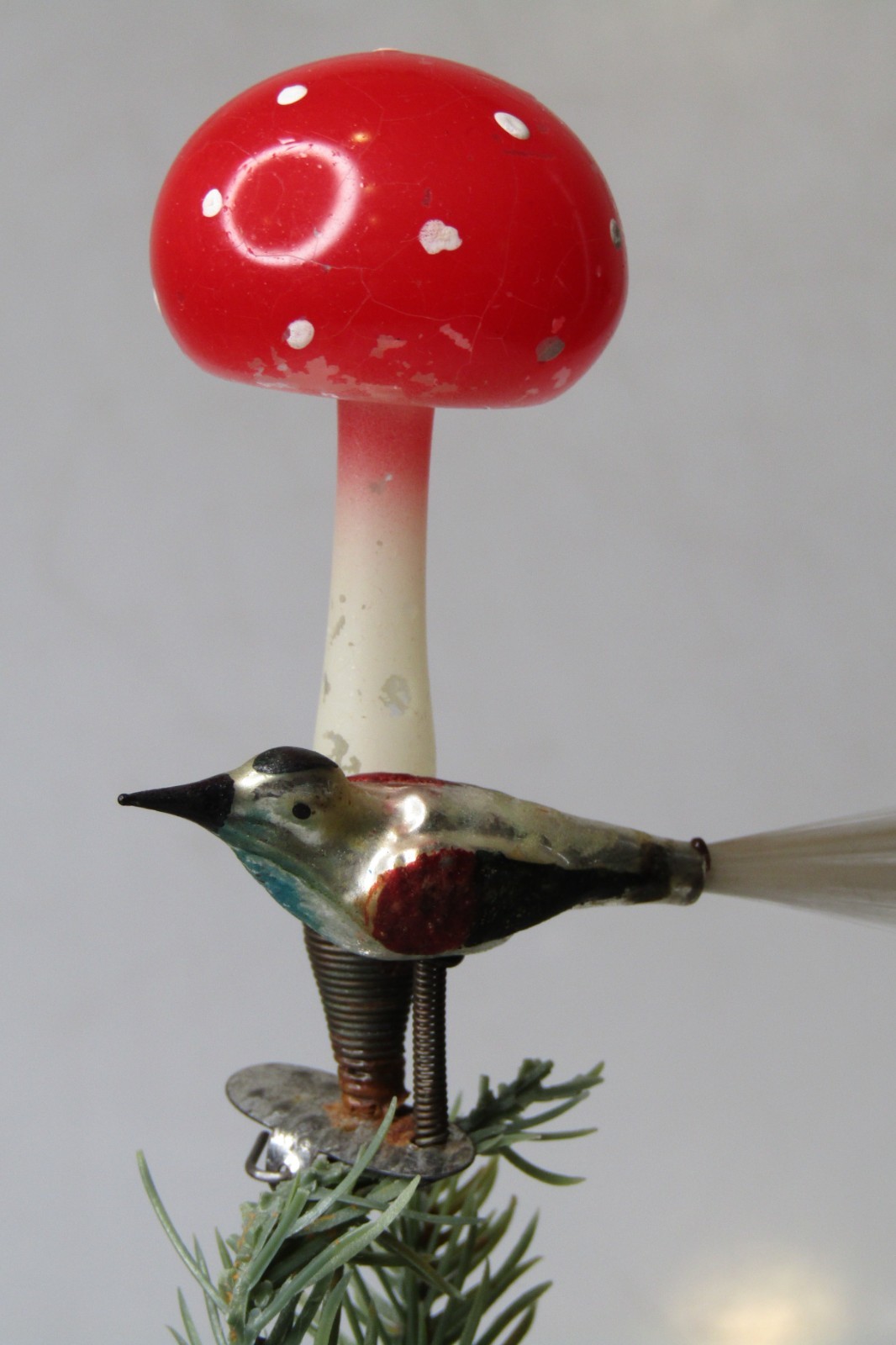 Antique VTG Unsilvered Glass Clip On MUSHROOM w BIRD Christmas Ornament Germany