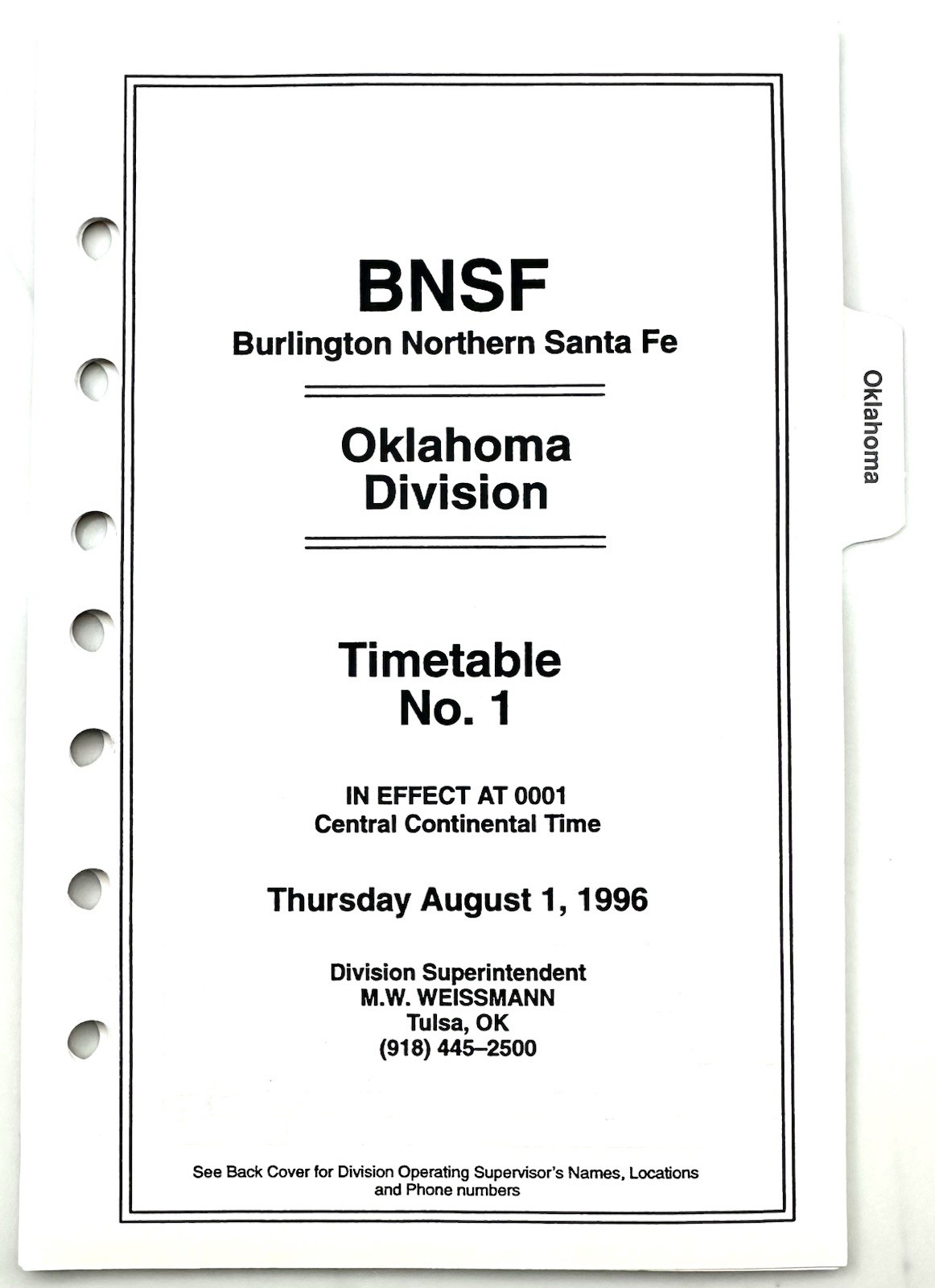 1st BNSF Oklahoma division ETT #1  08/01/1996 BNSF Railway no logo