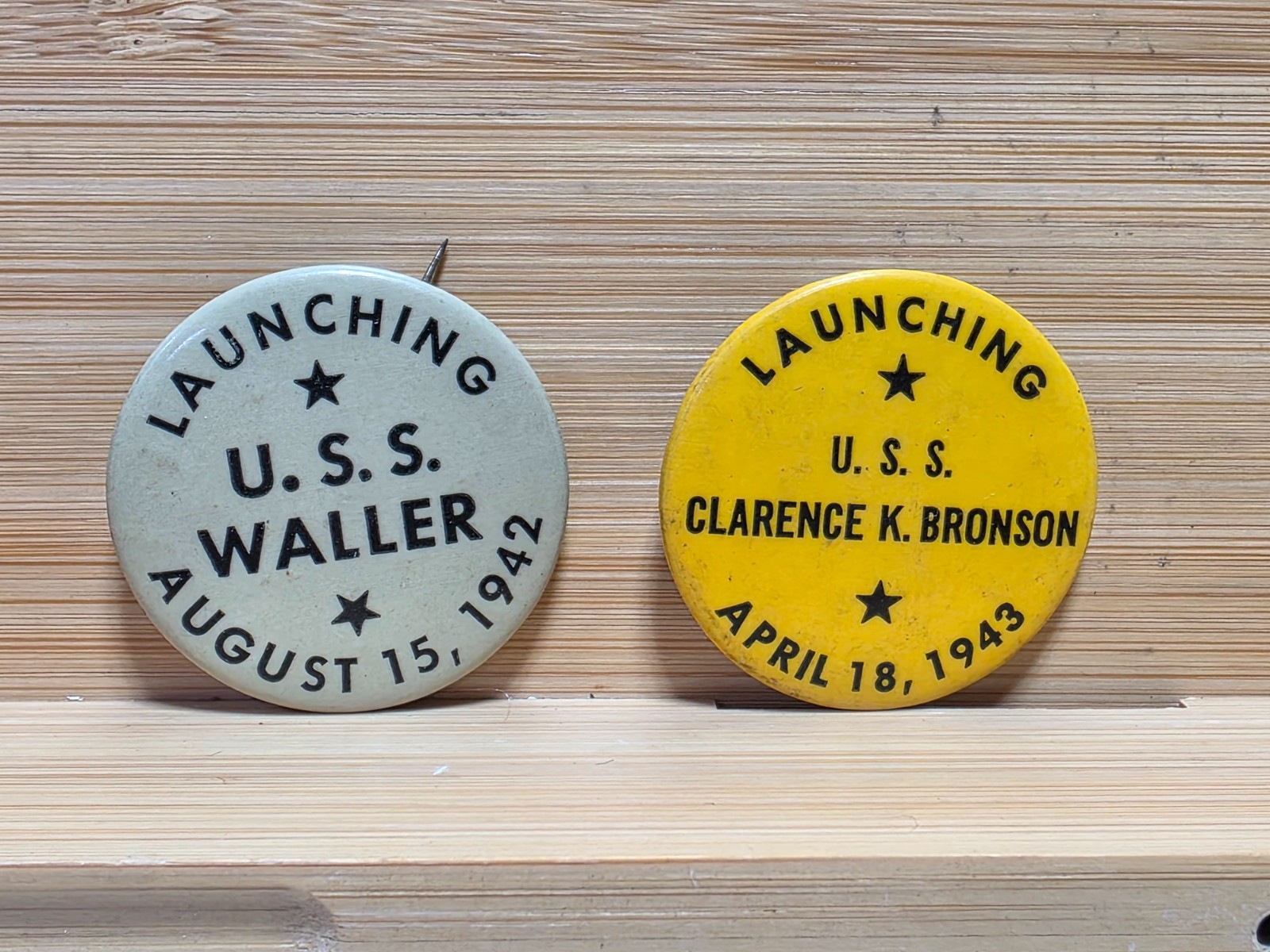 Lot Of 2 WWII USN USS Waller Clarence K. Bronson Ship Launching Button Pin Pins