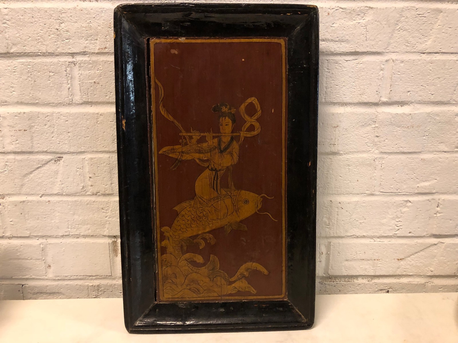 Vintage Possibly Antique Asian Wooden Plaque Woman Riding a Carp Playing Flute Vintage Possibly Antique Asian Wooden Plaque Woman Riding a Carp Playing Flute