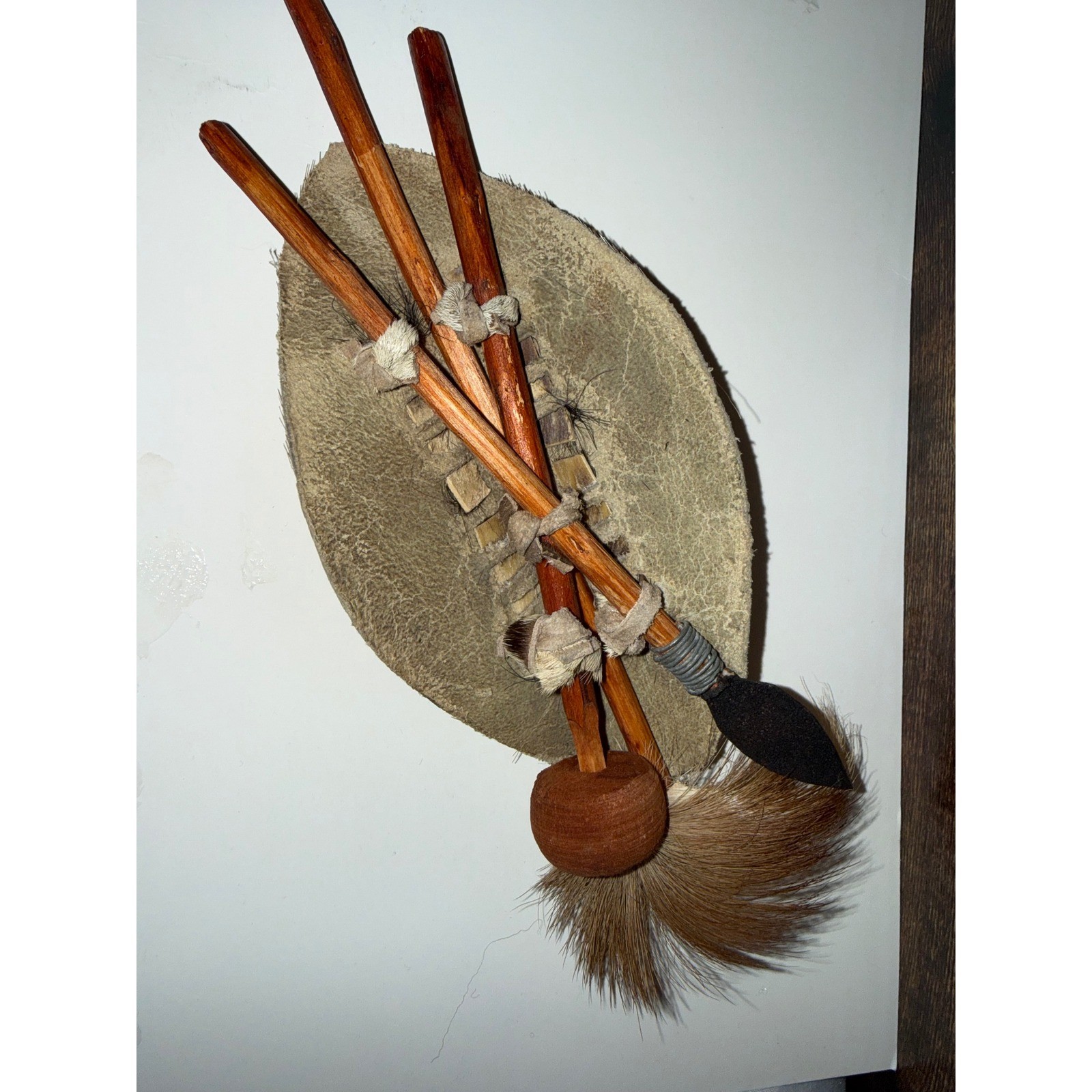 Vintage South African Style Hide Shield 3 Spears Warrior Wall Hanging Folk Art