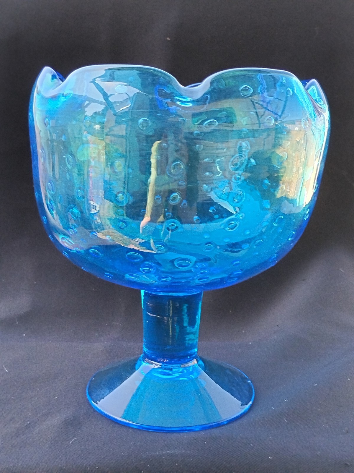 Hand Blown Compote MCM Bischoff Controlled Bubble Large Aqua Blue 7\ Hand Blown Compote MCM Bischoff Controlled Bubble Large Aqua Blue 7\