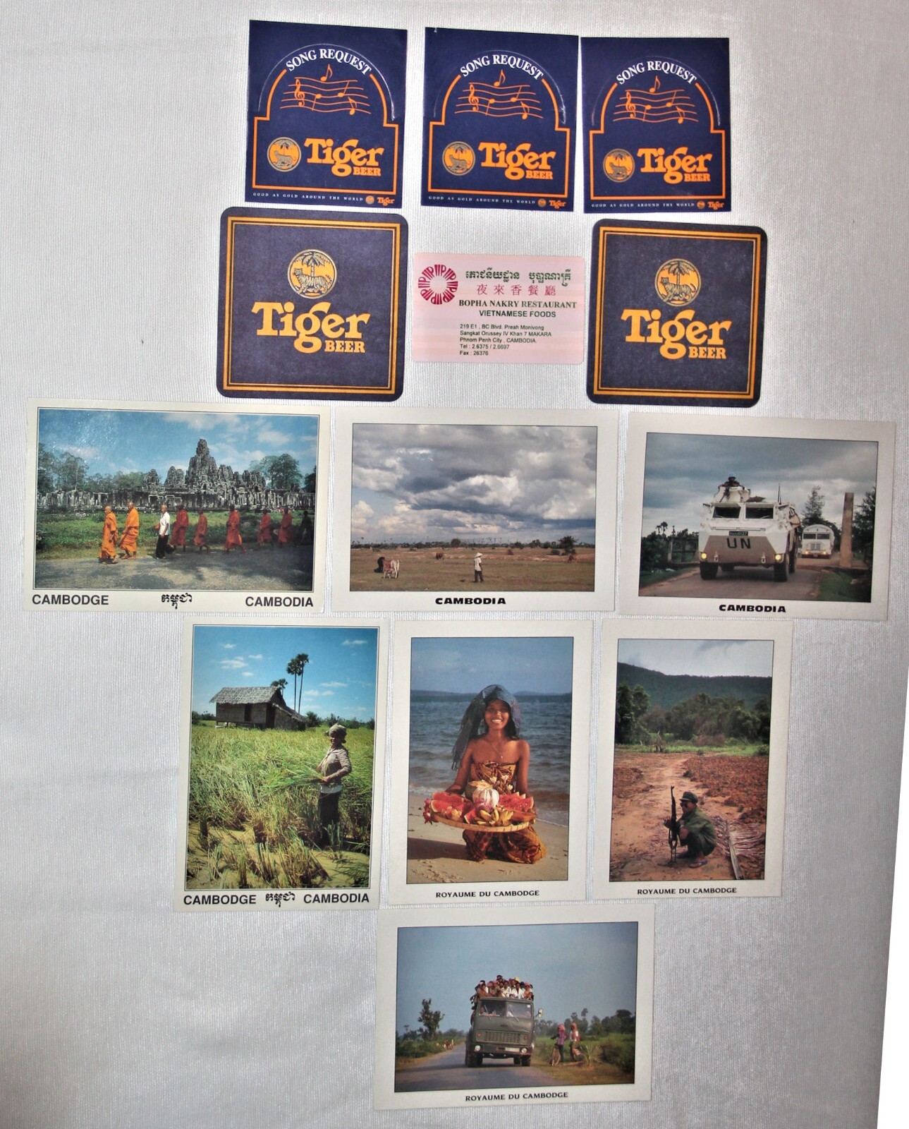 VINTAGE 1970'S-1980'S CAMBODIAN TOURIST SOUVENIRS, POSTCARDS, COASTERS, ETC