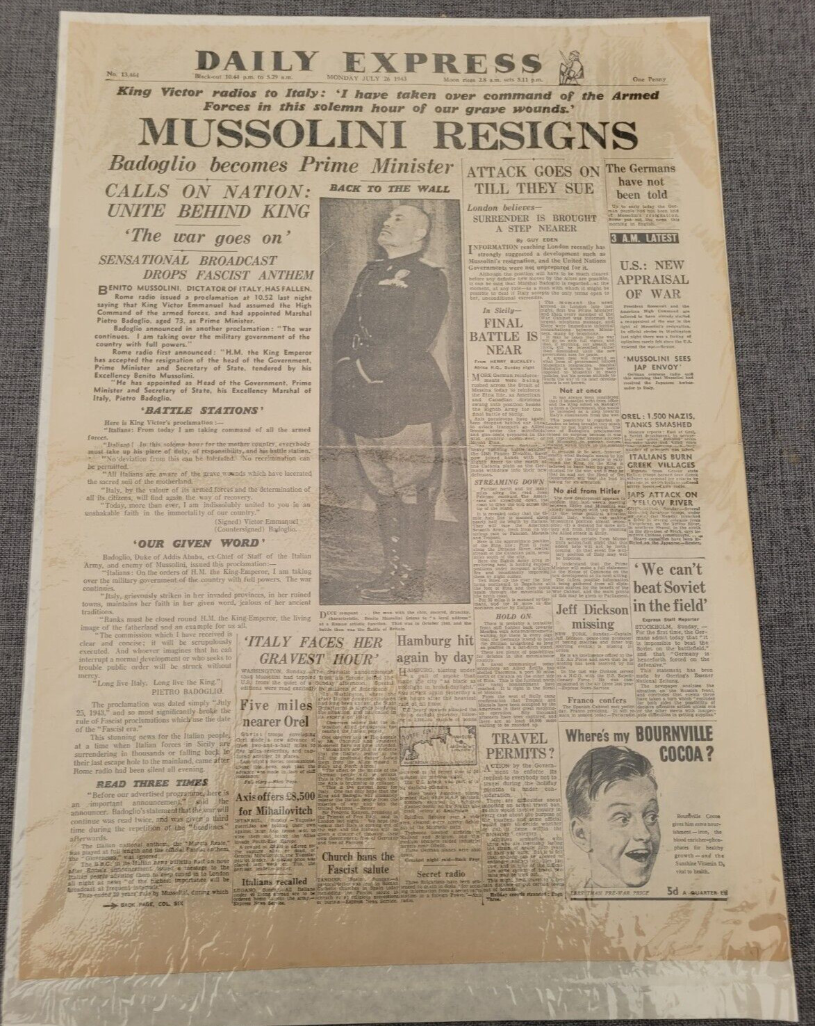 DAILY EXPRESS WW2 ITALY EL DUCHE MUSSOLINI RESIGNS 26TH JULY 1943 NEWSPAPER