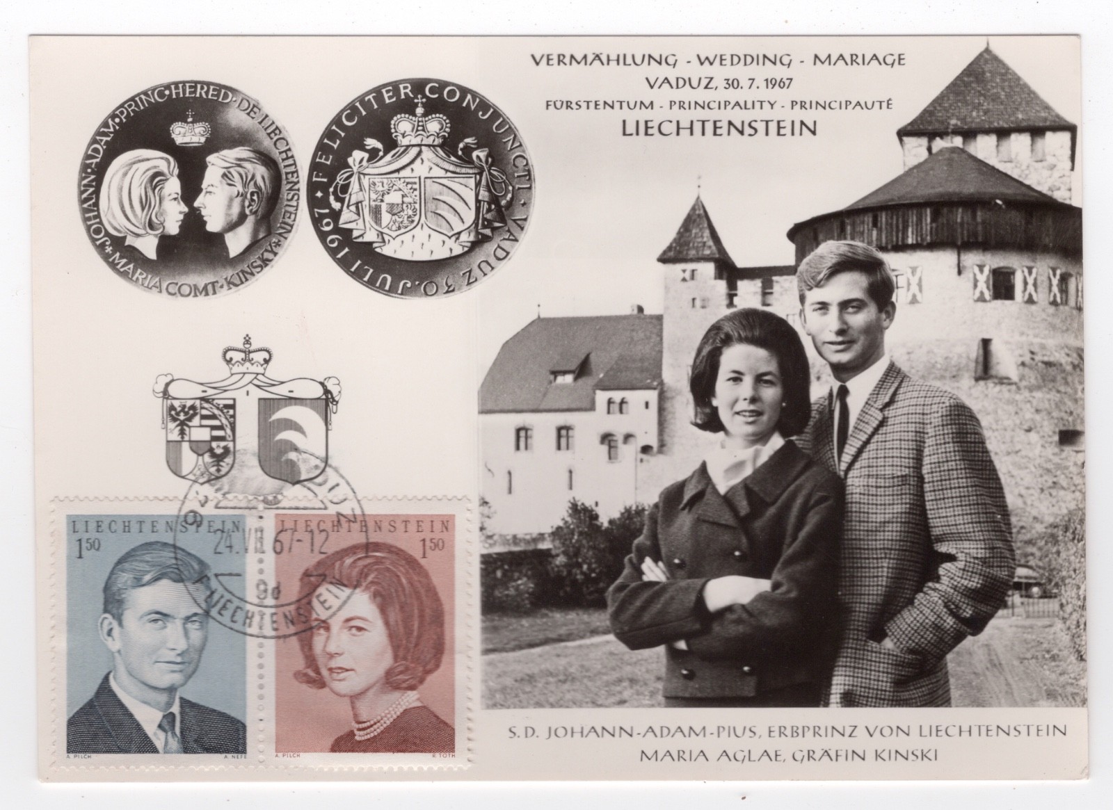 1967 Liechtenstein Royal Wedding Postcard Hans-Adam & Marie Aglaë Kinski