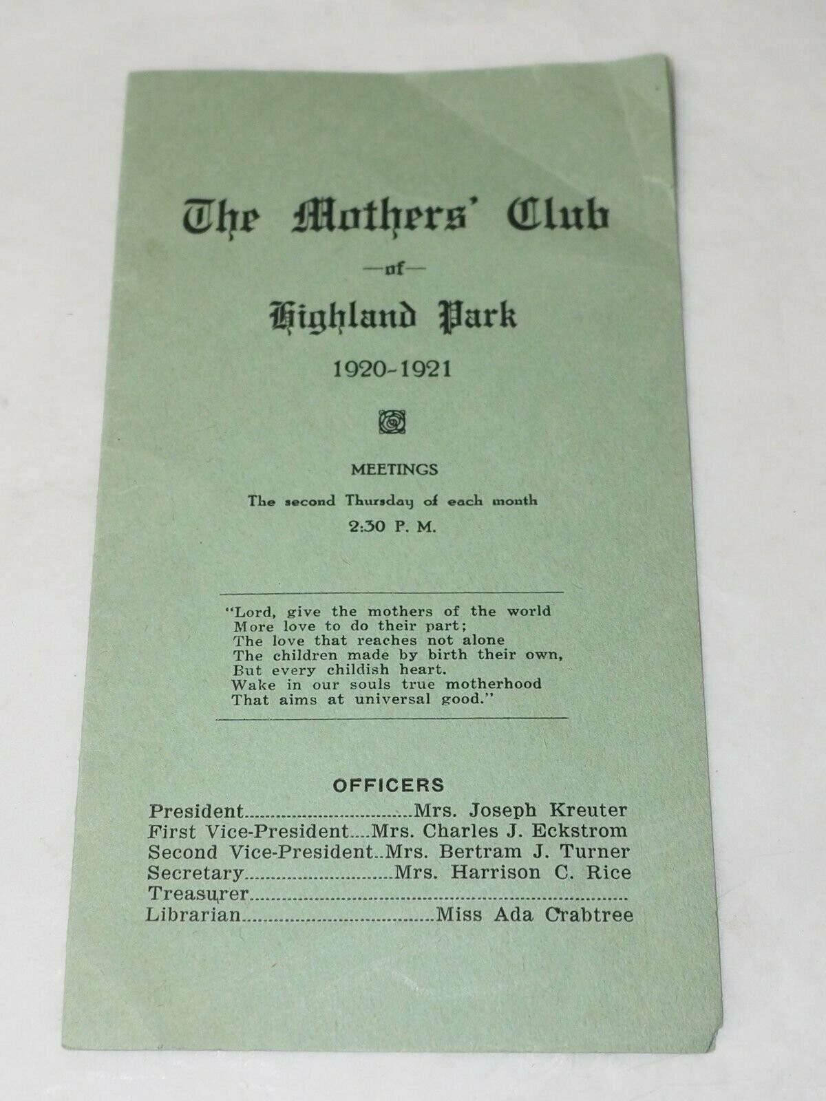 THE MOTHER\'S CLUB of Highland Park 1920-1921 Souvenir PROGRAM THE MOTHER\'S CLUB of Highland Park 1920-1921 Souvenir PROGRAM