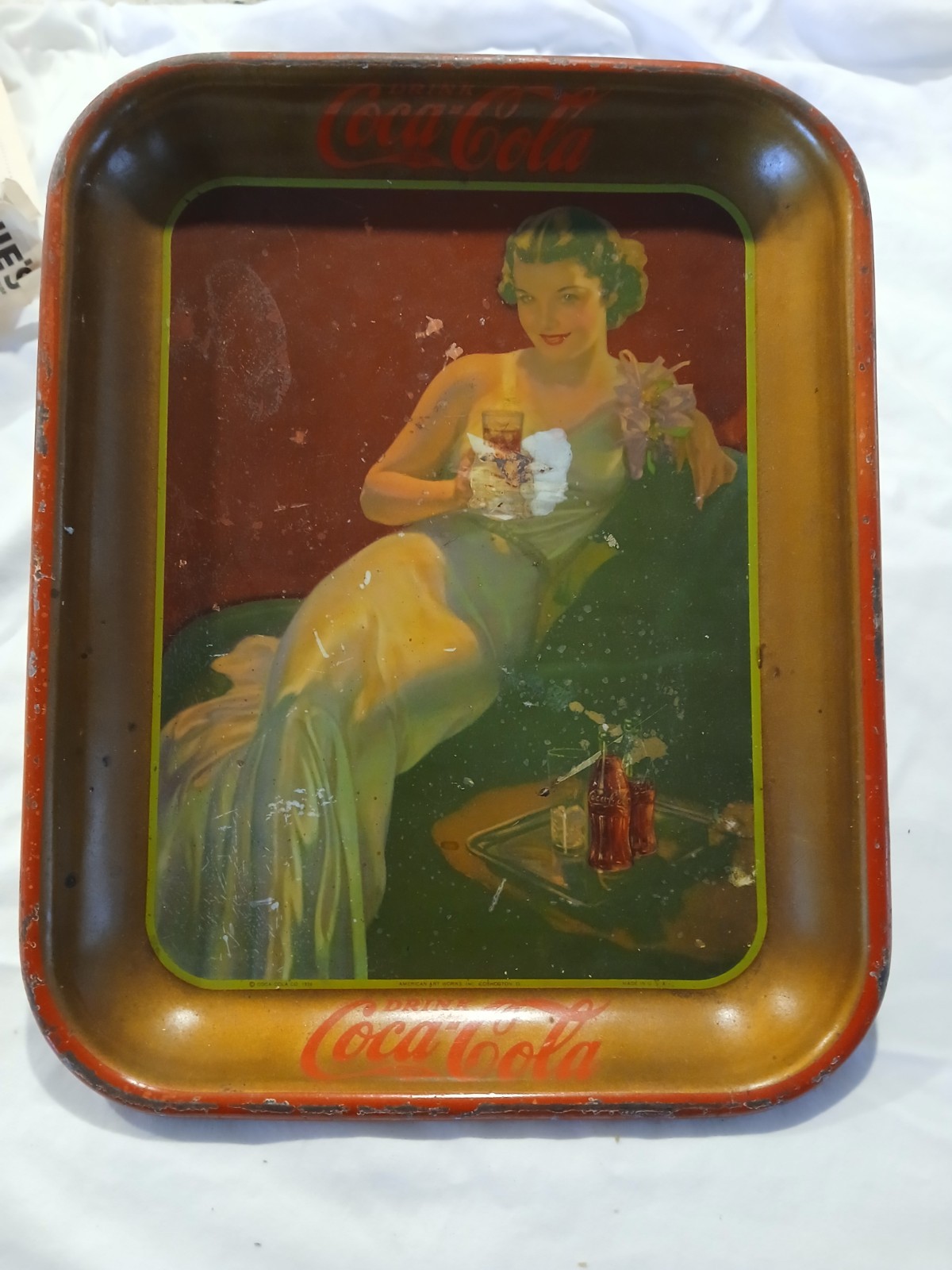 1936 Coca-Cola Tray American Art Works Lady in Green Original Vintage