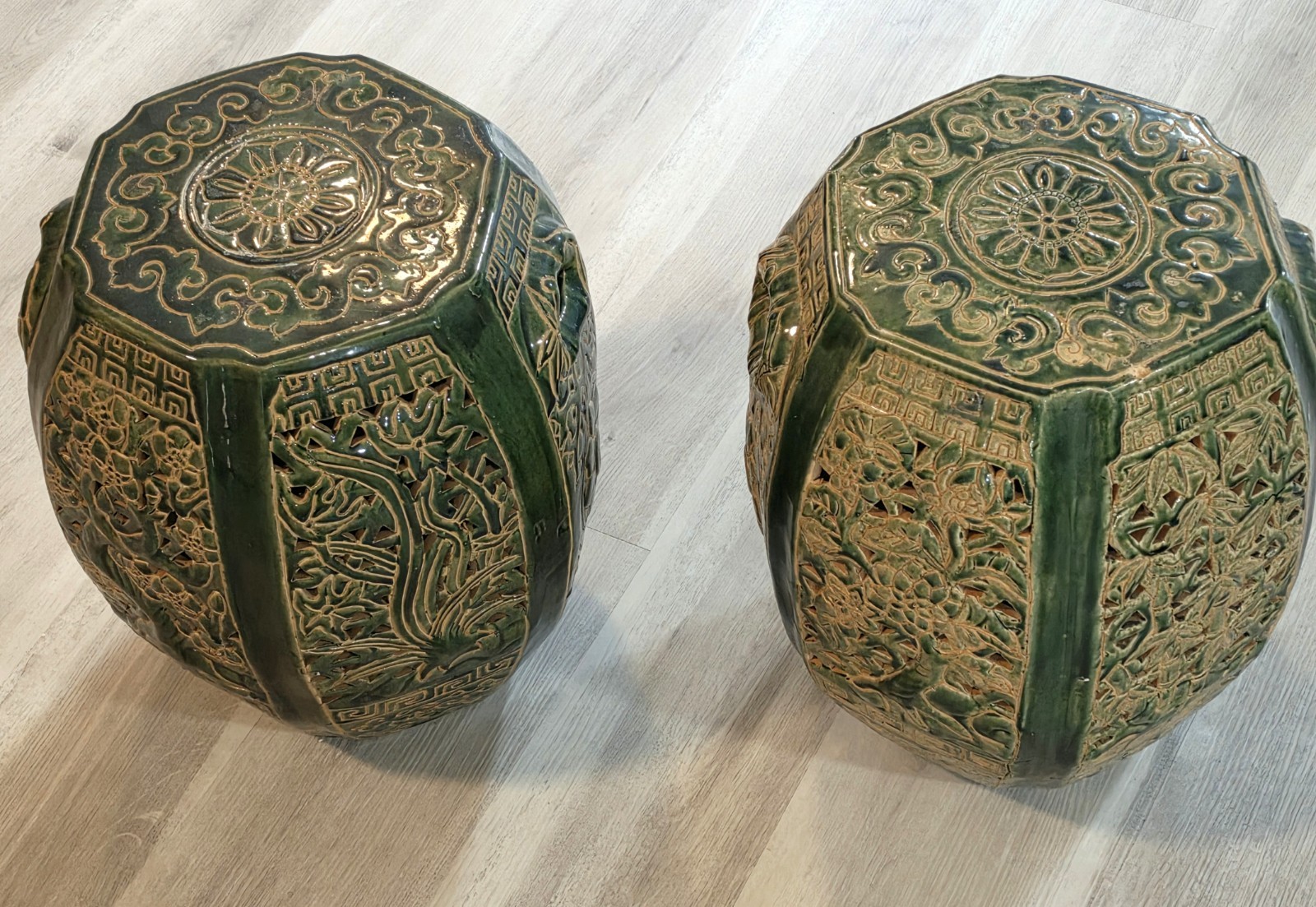 Pair Of Chinese Ceramic Garden Stools Green Hexagon Porcelain Seats Side Tables Pair Of Chinese Ceramic Garden Stools Green Hexagon Porcelain Seats Side Tables