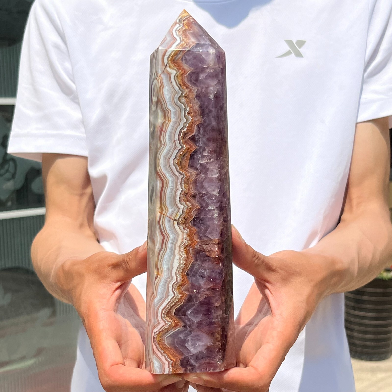 1080g Natural Rare Amethyst Lace Agate Tower Quartz Crystal Reiki Healing