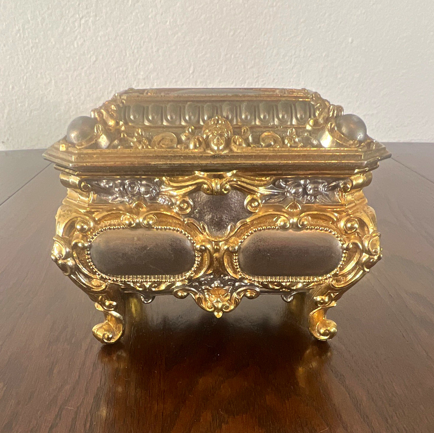 Antique Ornate Gold-Tone Footed Trinket Box Hinged Lid Red Velvet Lined Interior