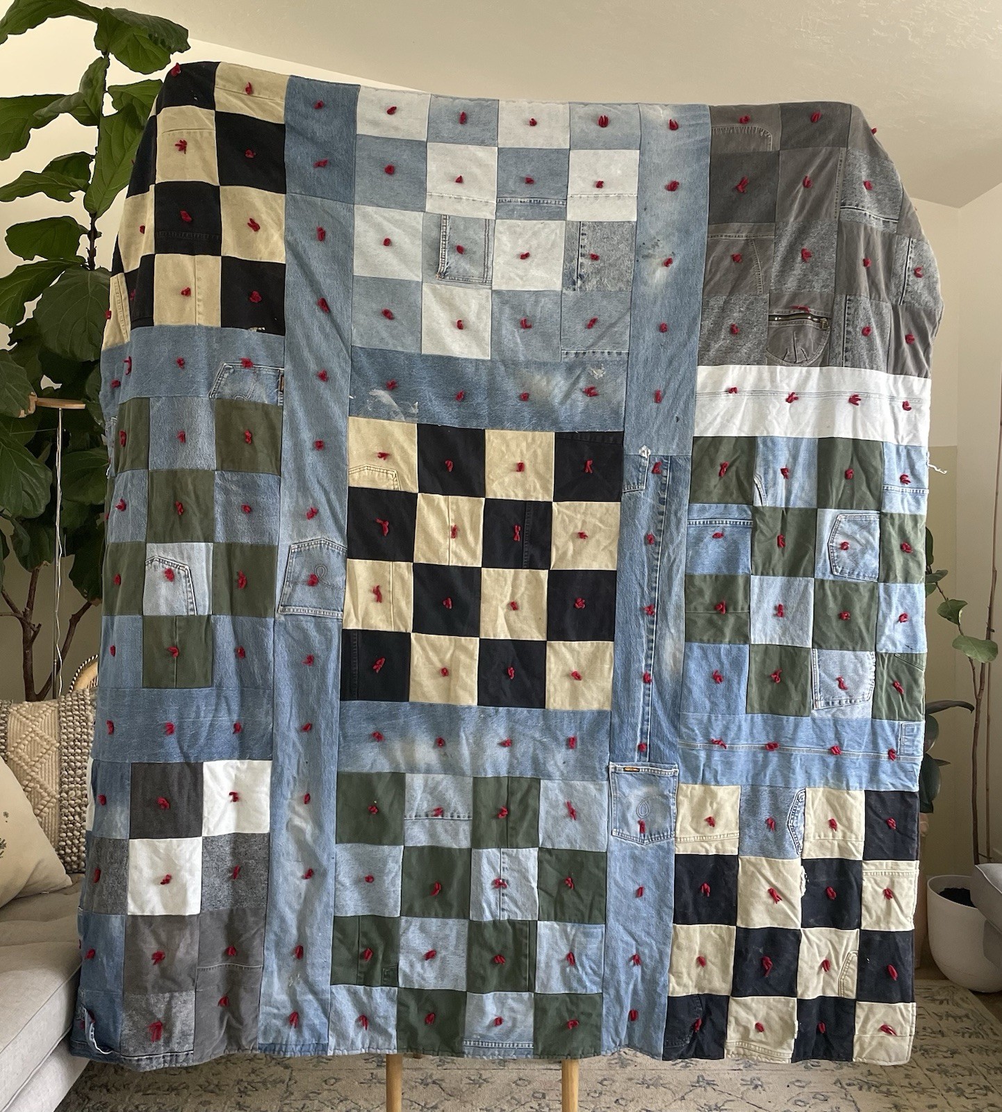 Vintage Upcycled Denim Quilt 80x80 Patchwork Plaid Flannel Back Americana