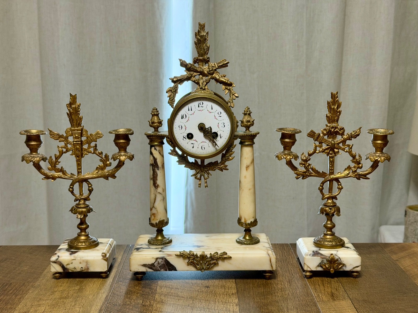 Antique French Louis XVI Style 3-Piece Marble Mantel Clock Garniture WORKING