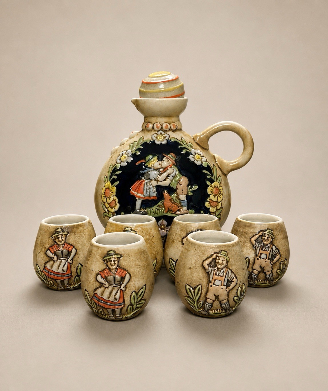 Ceramarte Brazil Ceramic Decanter 6 Cup Set Vintage Folk Art Barware Floral Ceramarte Brazil Ceramic Decanter 6 Cup Set Vintage Folk Art Barware Floral