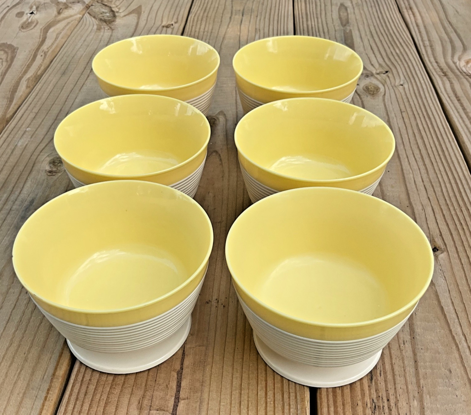 Vintage RAFFIAWARE Footed Dishes Bowls Set of 6 Lemon Yellow Dessert/Fruit Vintage RAFFIAWARE Footed Dishes Bowls Set of 6 Lemon Yellow Dessert/Fruit