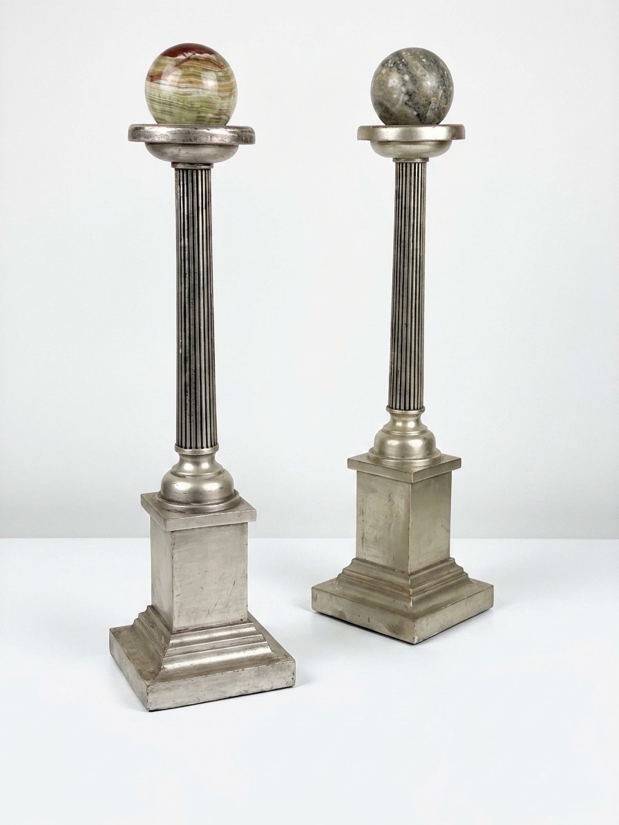 Grand Tour Neoclassical Carved Water Giltwood Columns With Marble Spheres - A Pa Grand Tour Neoclassical Carved Water Giltwood Columns With Marble Spheres - A Pa