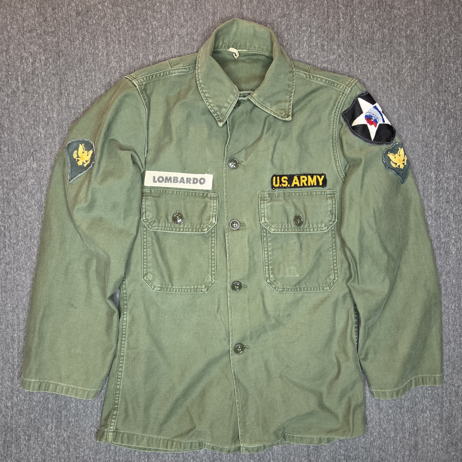 Vintage 60s US Army OG 107 Utility Shirt Patched Named Early Pattern Vietnam