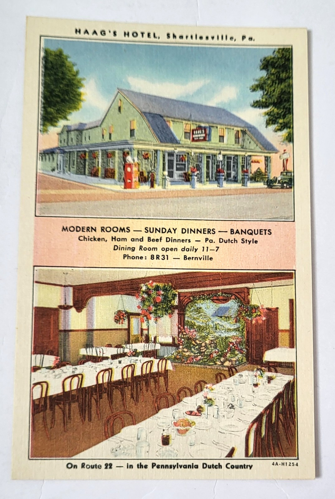 1934 SHARTLESVILLE PA PC Advertising HAAG\'S HOTEL Pennsylvania Dutch Style MINT