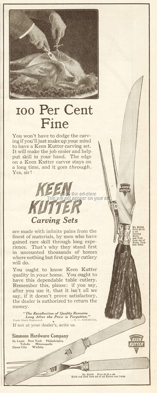 1914 Keen Kutter Carving Set Knife Fork Simmons Hardware St Louis MO Vintage Ad