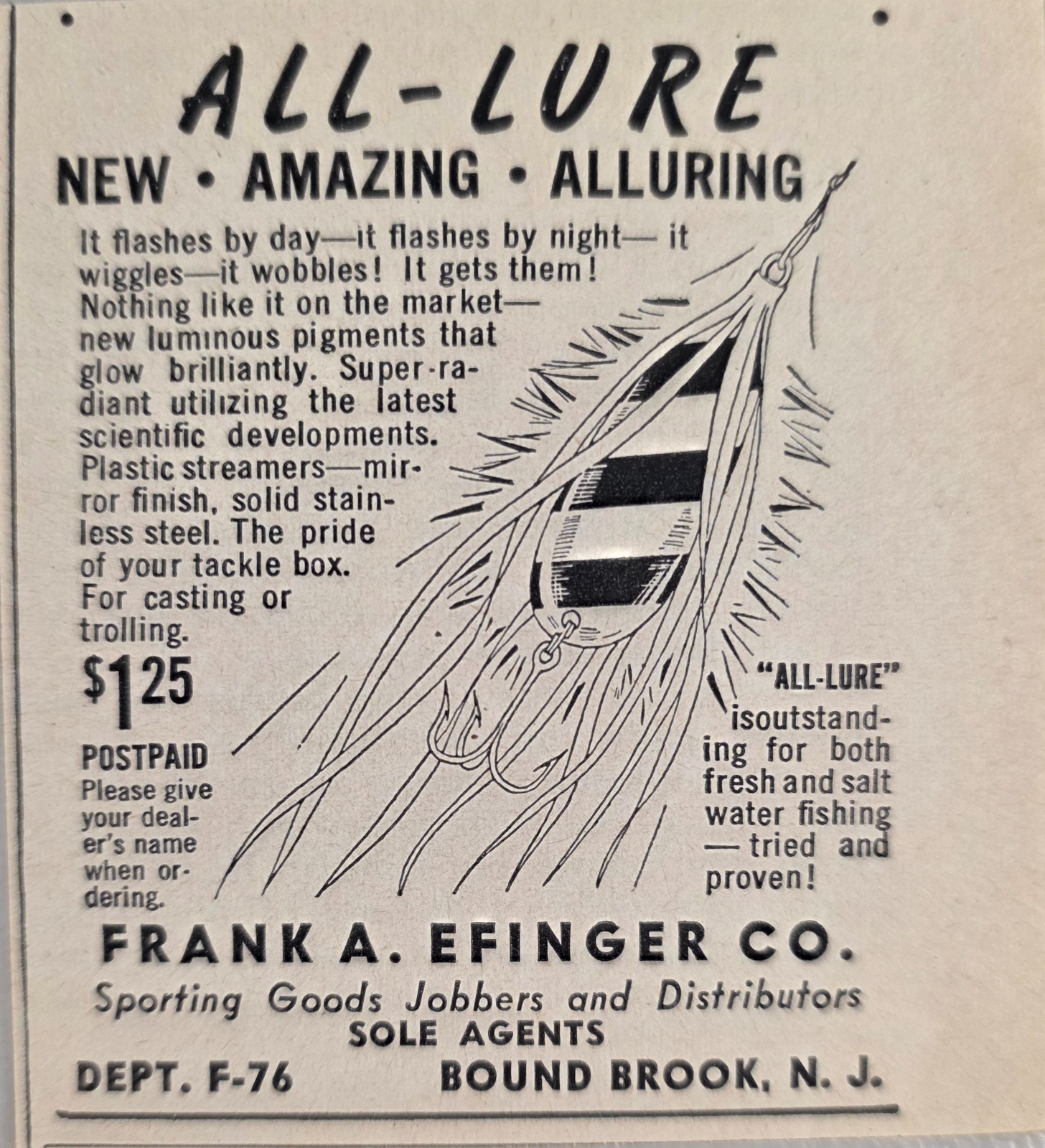 1946 Print Ad All-Lure Fishing Lures Flashes by Day Frank Efinger Bound Brook,NJ