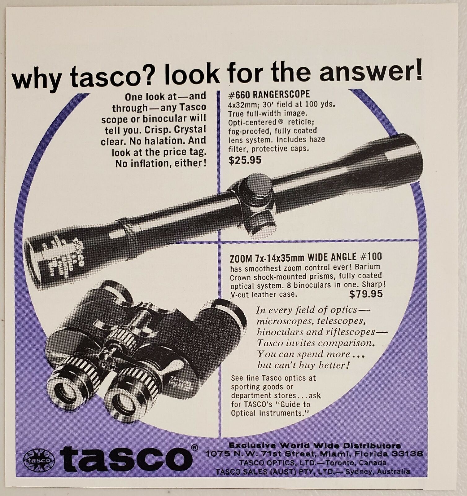 1966 Print Ad Tasco Rangerscope Rifle Scopes & Binoculars Miami,Florida