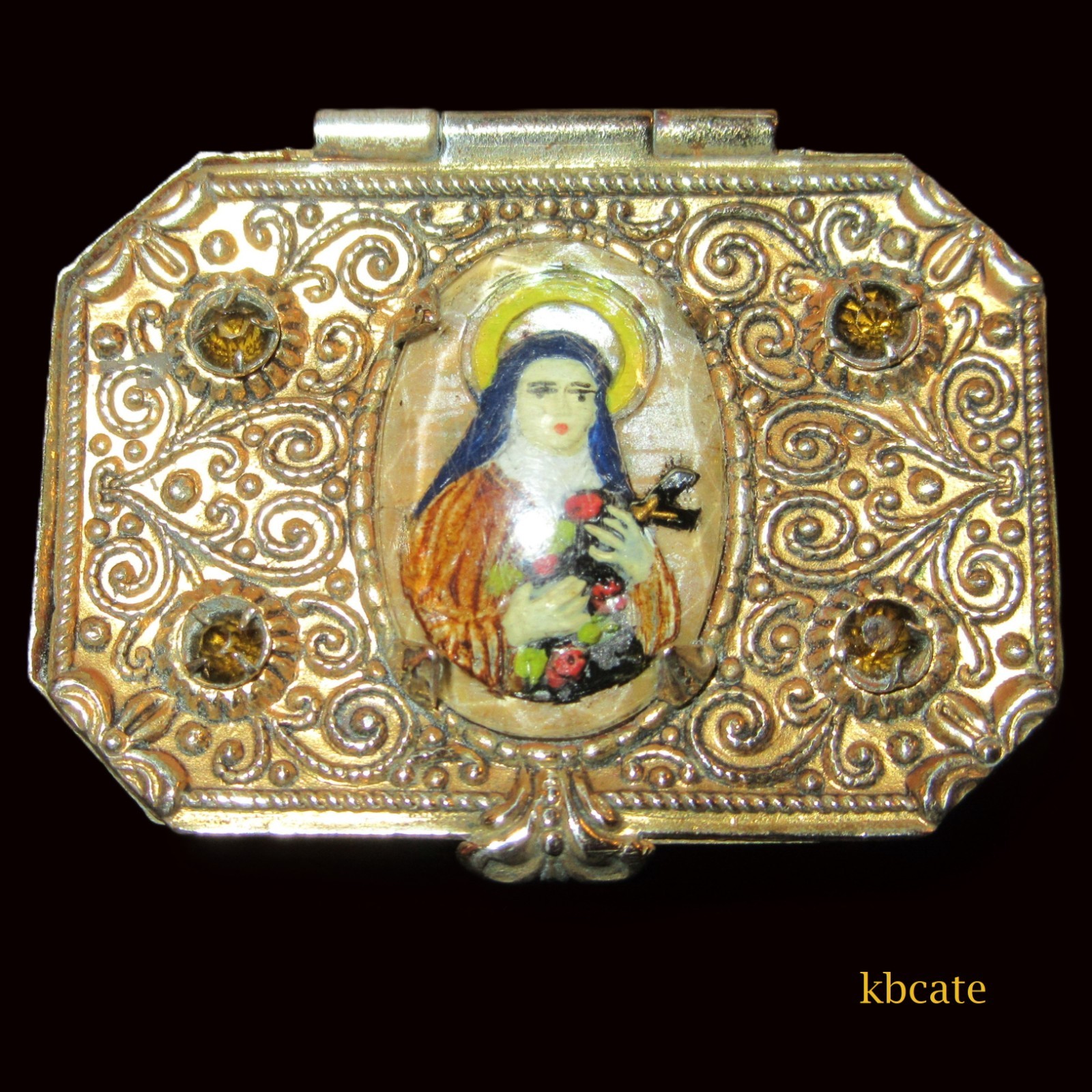 Antique St. Theresa Little Flower Reverse Painted Intaglio Trinket Rosary  Box