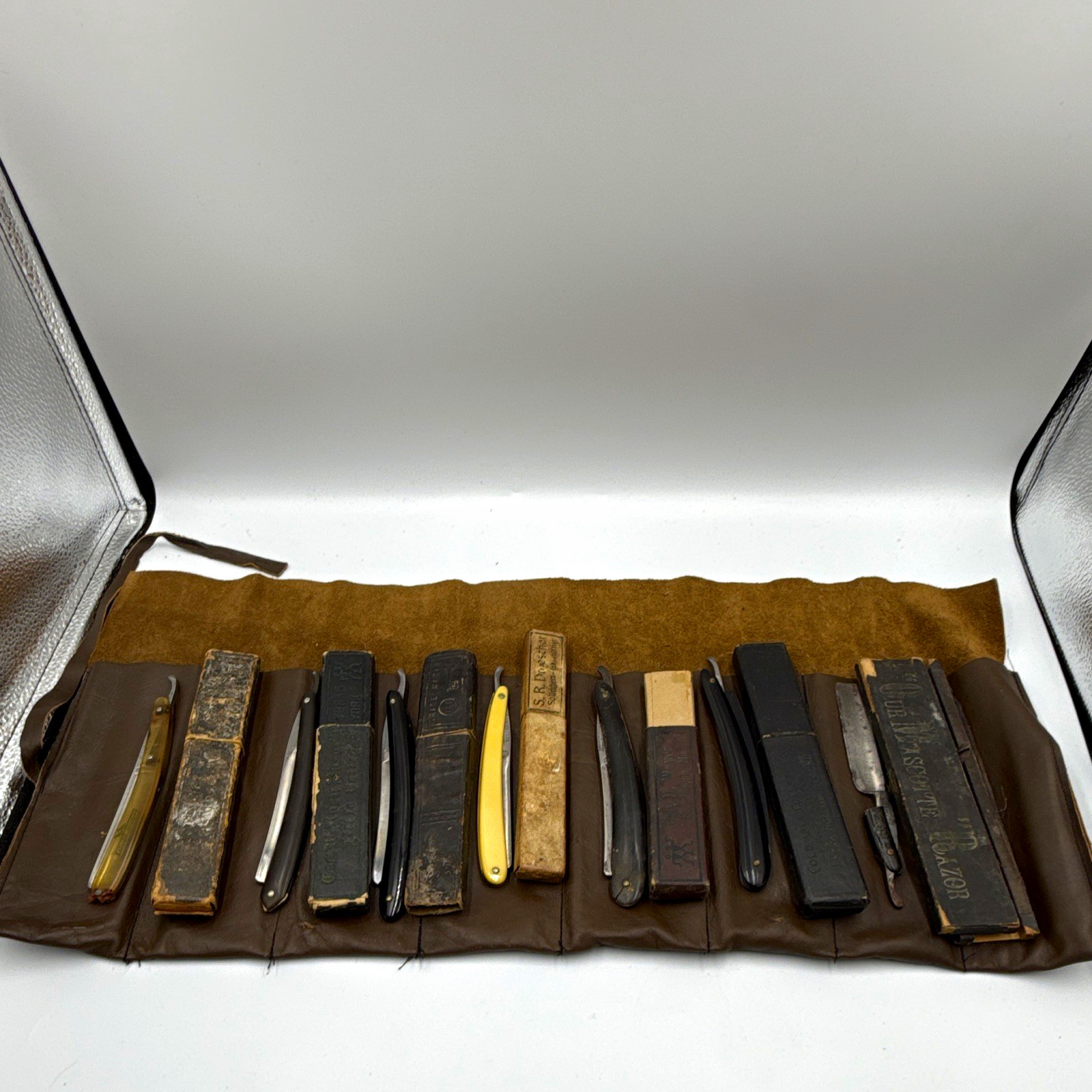 Antique Straight Razor Collection Lot of 7 with Original Boxes & Leather Roll Antique Straight Razor Collection Lot of 7 with Original Boxes & Leather Roll