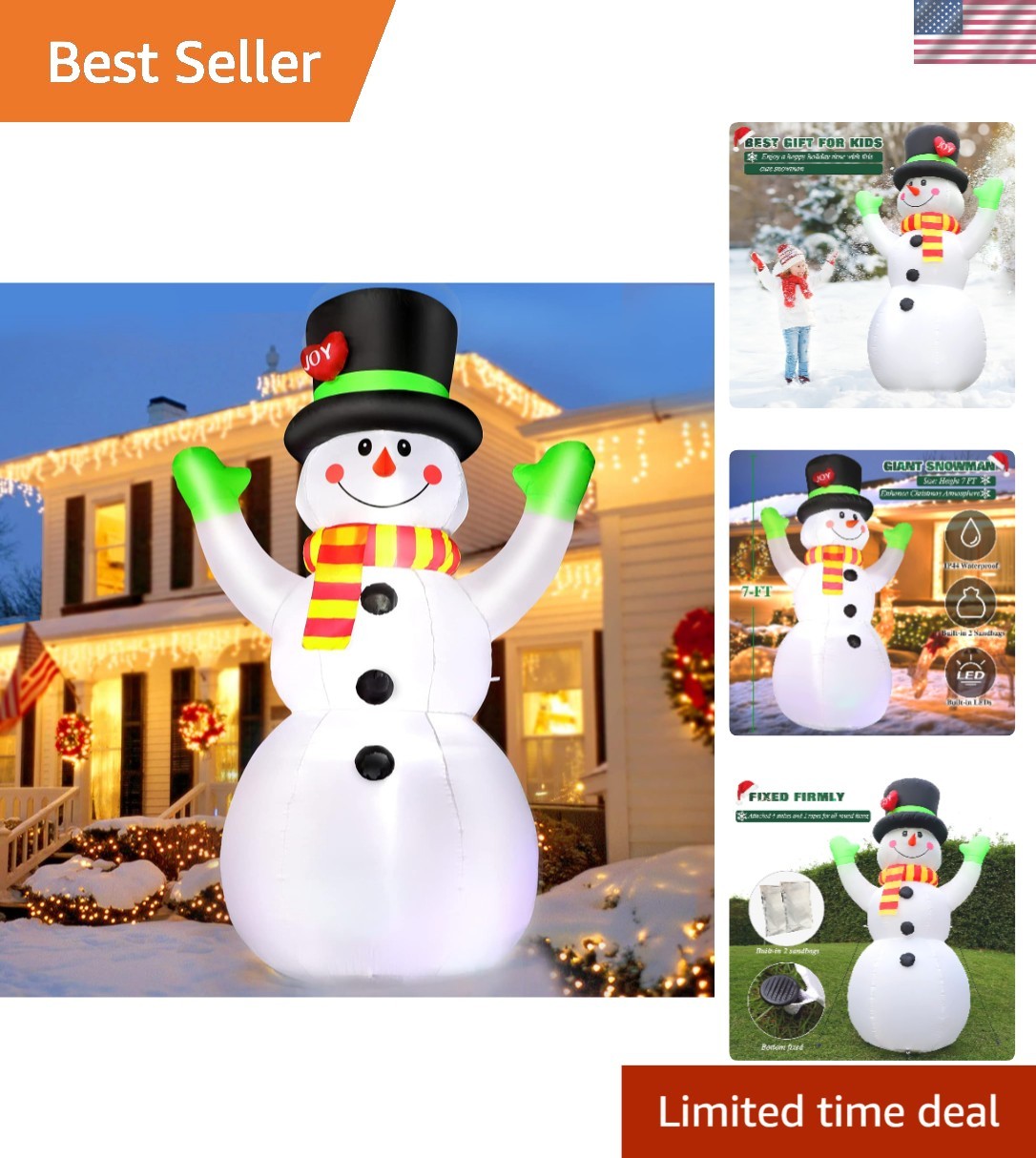 Giant 7FT Inflatable Snowman - Durable Outdoor Christmas Decoration with Lights
