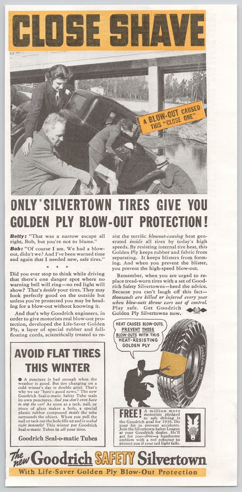 Silvertown Tires Goodrich Golden Ply Blowout Protection Cars 1936 Print Ad Silvertown Tires Goodrich Golden Ply Blowout Protection Cars 1936 Print Ad