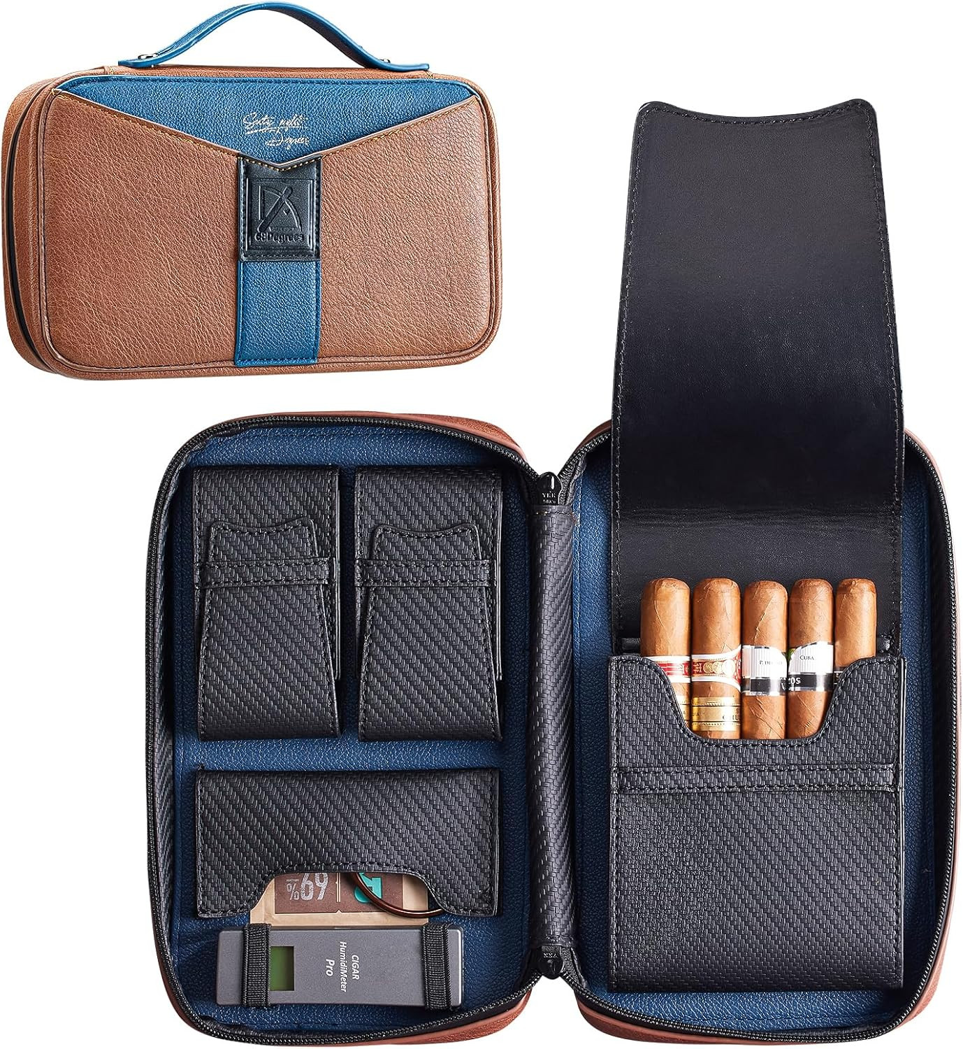 Elegant Handmade Leather Cigar Humidor Case for 5 Cigars - Brown