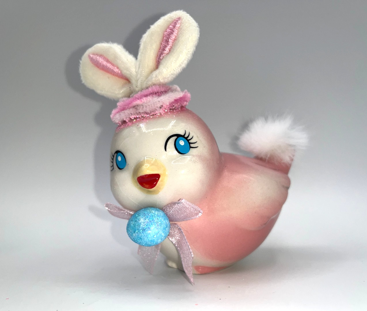Vintage Pink Ceramic Easter Bird Faux Furry Bunny Ears & Tail Egg Princess OOAK