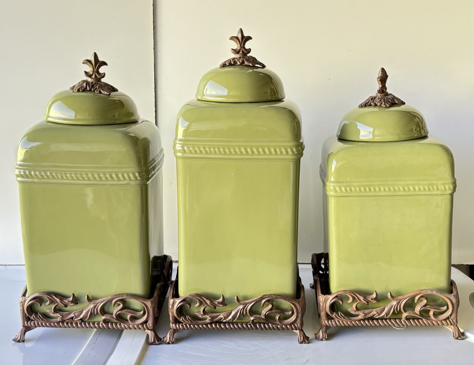 Belaverra Set Of 3 Ceramic Green Canister Jar Fleur De Lis Finial