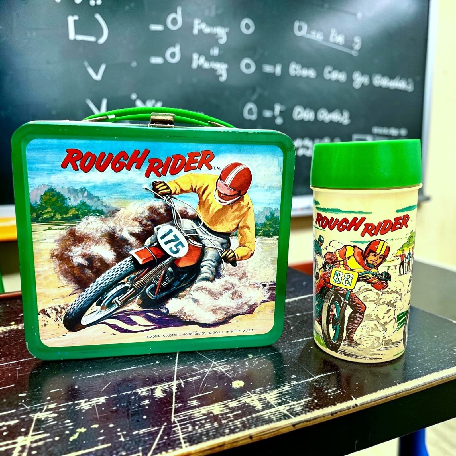 Vtg 1973 Aladdin Rough Rider Lunchbox & Thermos Aladdin Tag on Stopper No Rust
