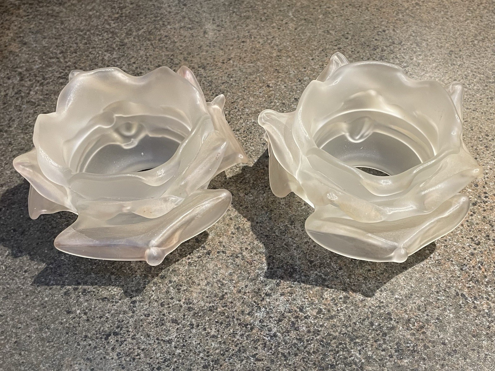 Vtg TWO Lovely Intricate Rose Shaped Lamp Shades Satin Glass Shades Of Pale Pink