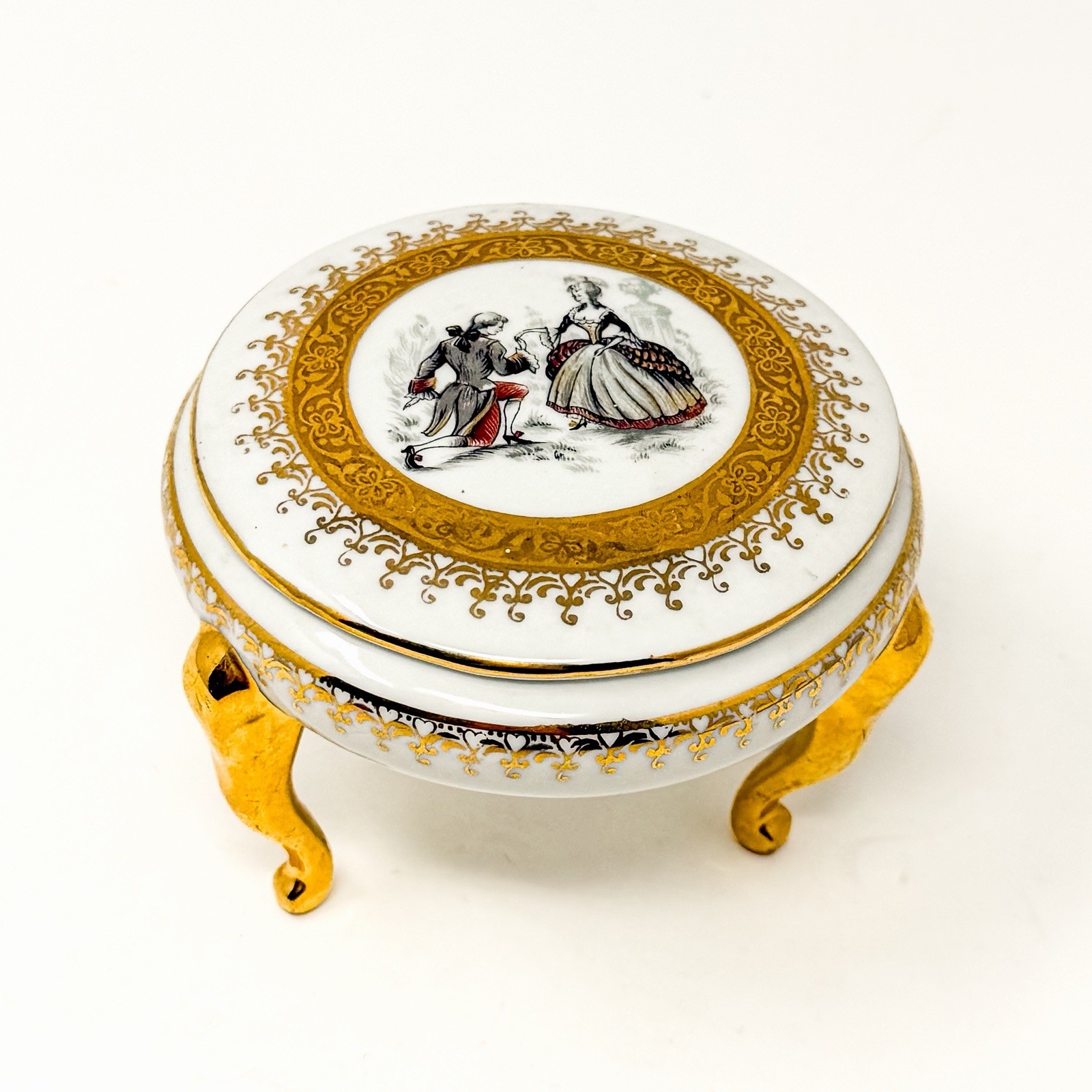Vintage 1960s Meissner Limoges France Porcelain Trinket Box Courting Couple Gold Vintage 1960s Meissner Limoges France Porcelain Trinket Box Courting Couple Gold