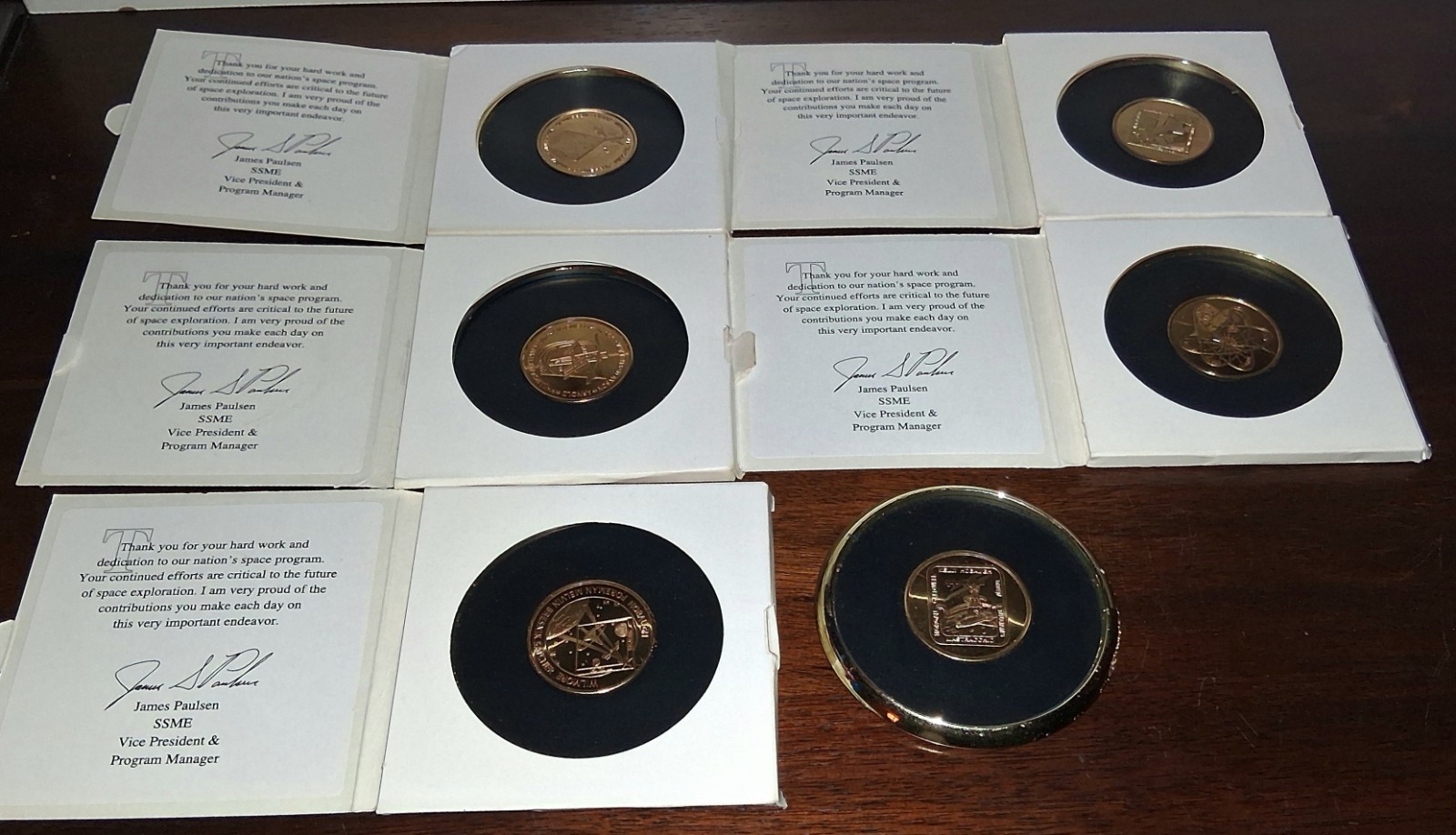 Vintage 1988 NASA Space Systems Brass Coaster Medalion Set 6 Collectable W Case