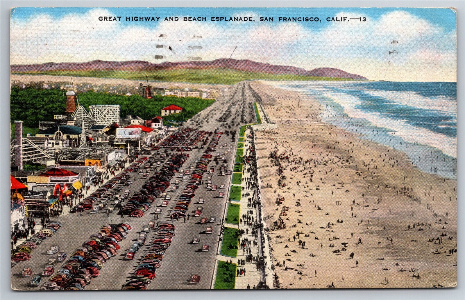 Hwy Beach Amusement Esplanade Birdseye San Francisco CA C1940s Postcard AC7