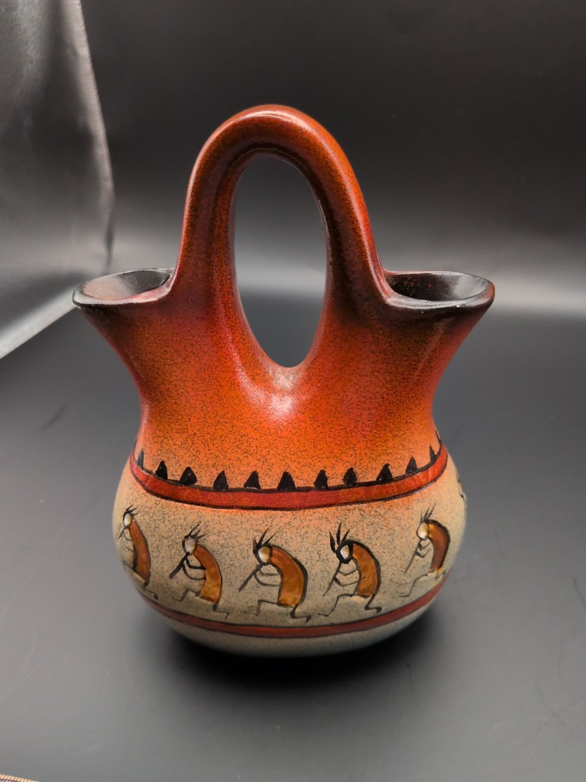 Vintage Southwestern Pottery Wedding Vase Kokopelli Flute Player Double Spout 7\