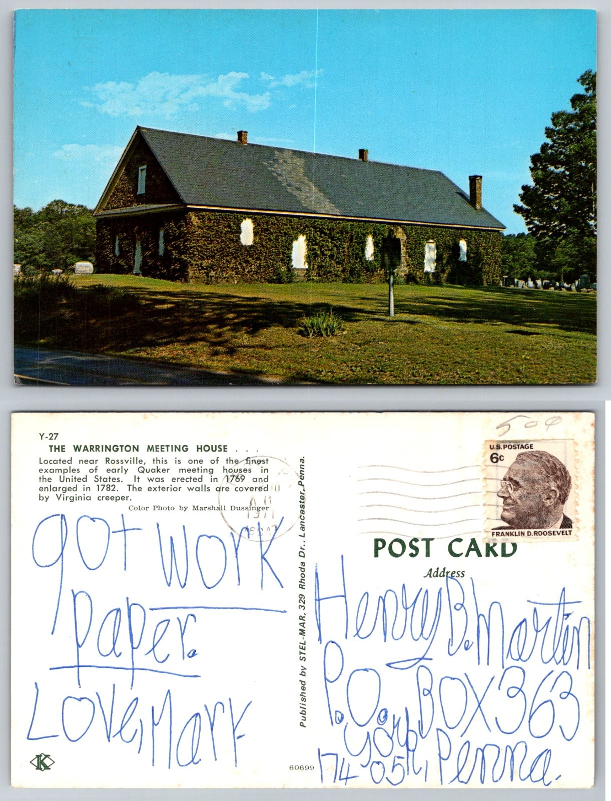 Warrington Meeting House Rossville Pennsylvania Postcard
